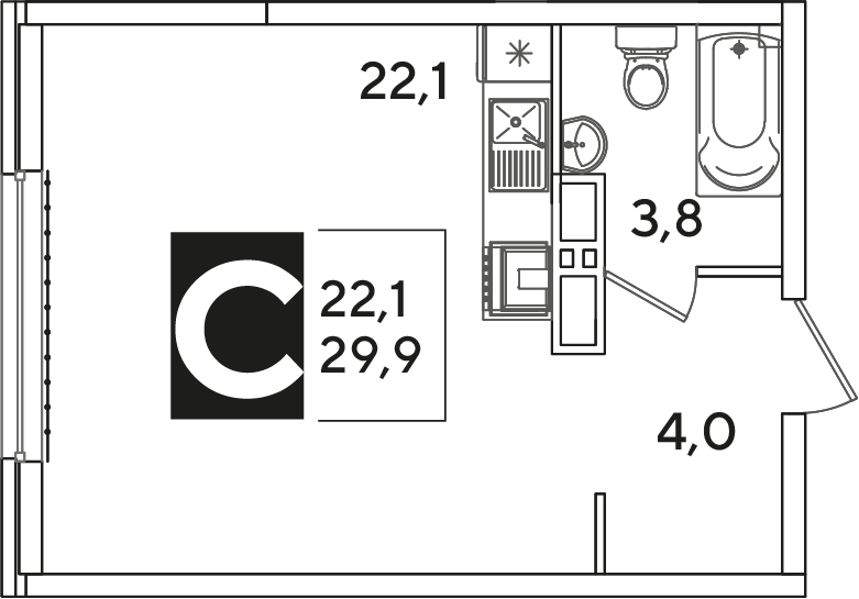 Планировка: Студия 29,9 м²