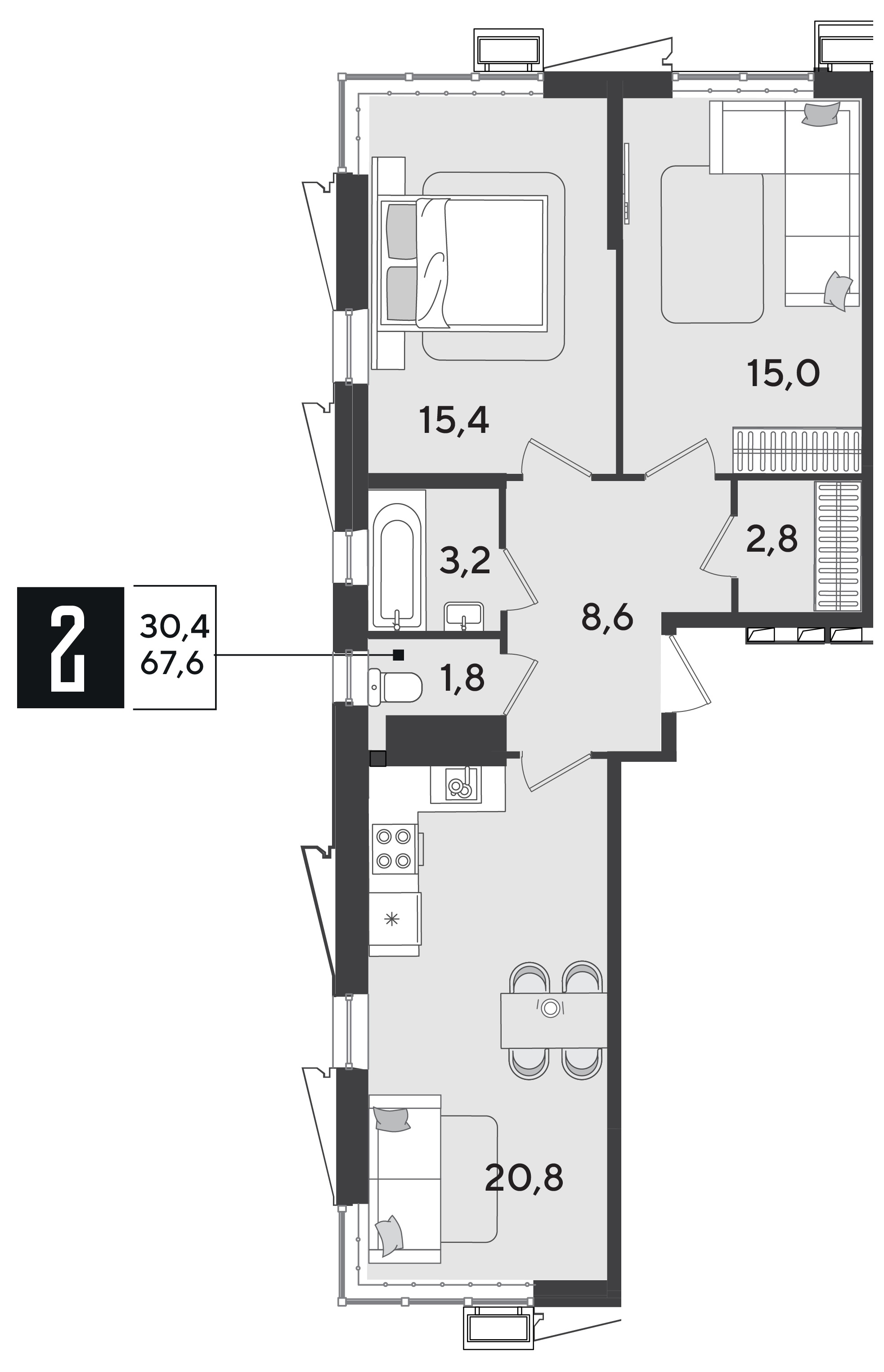 Планировка: 2-комн. квартира 69,2 м²