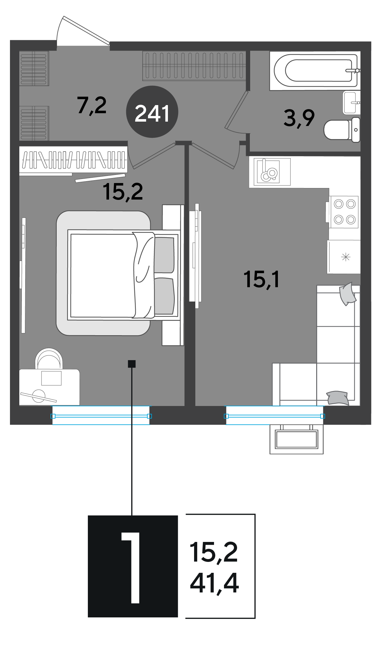 Планировка: 1-комн. квартира 41,4 м²