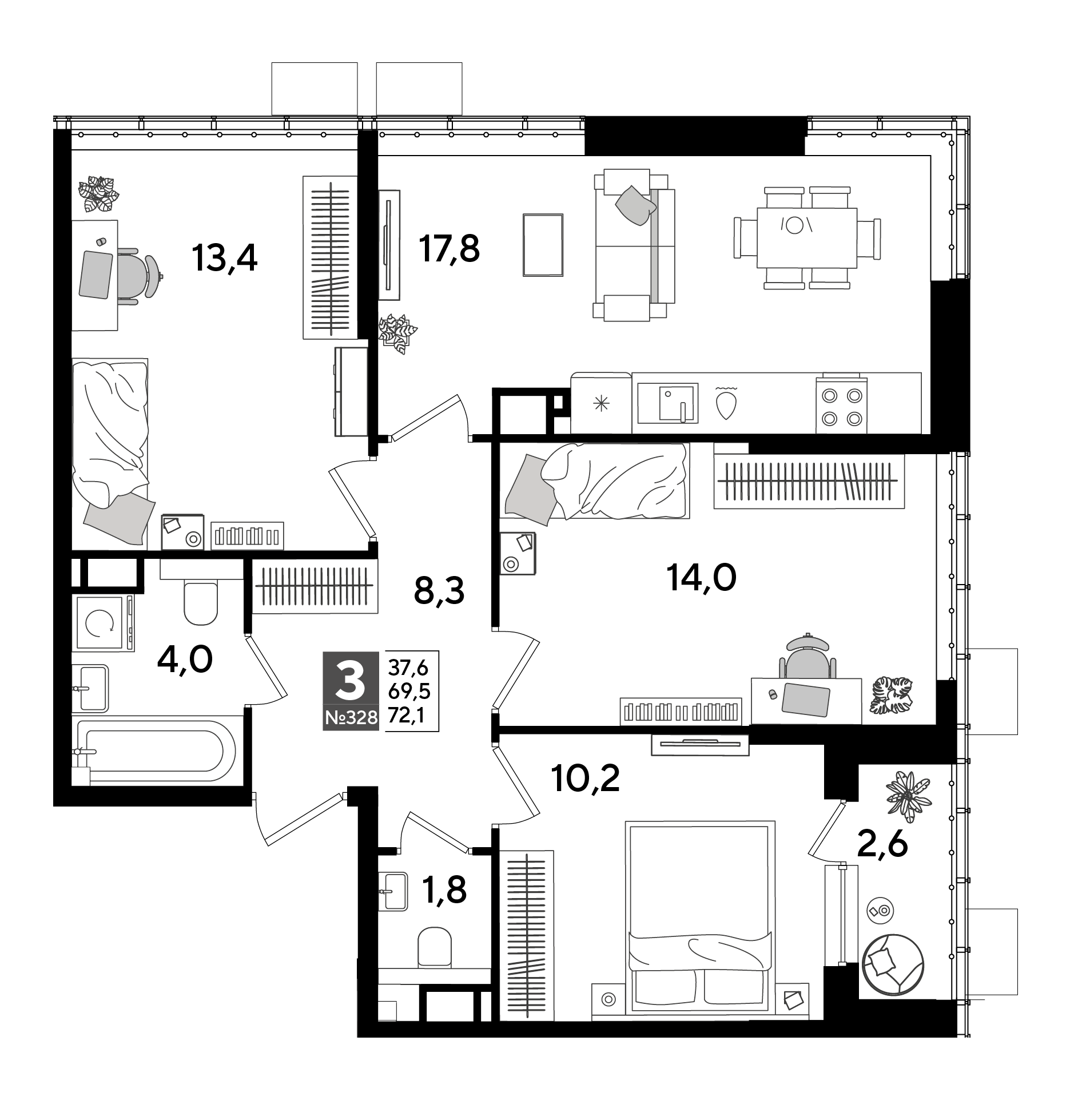 Планировка 3-комнатная 72,1 м²