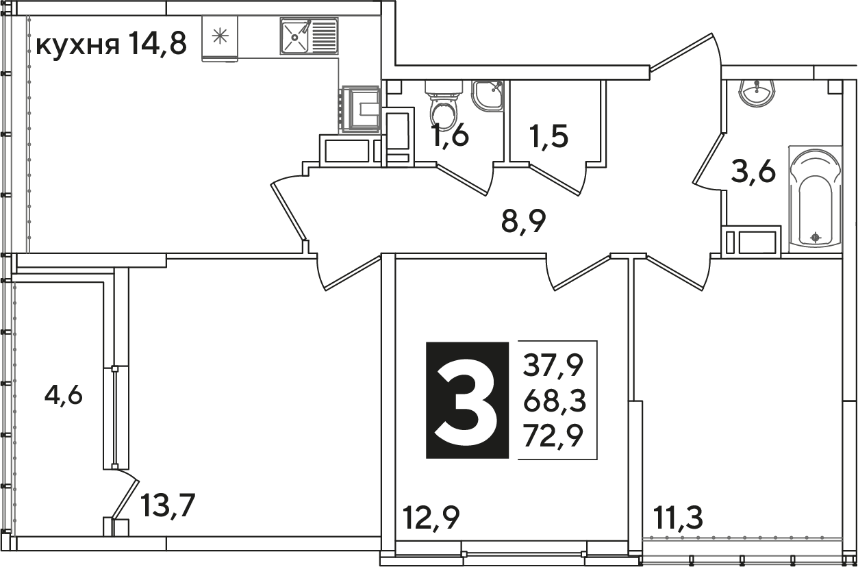 Планировка: 3-комн. квартира 72,9 м²