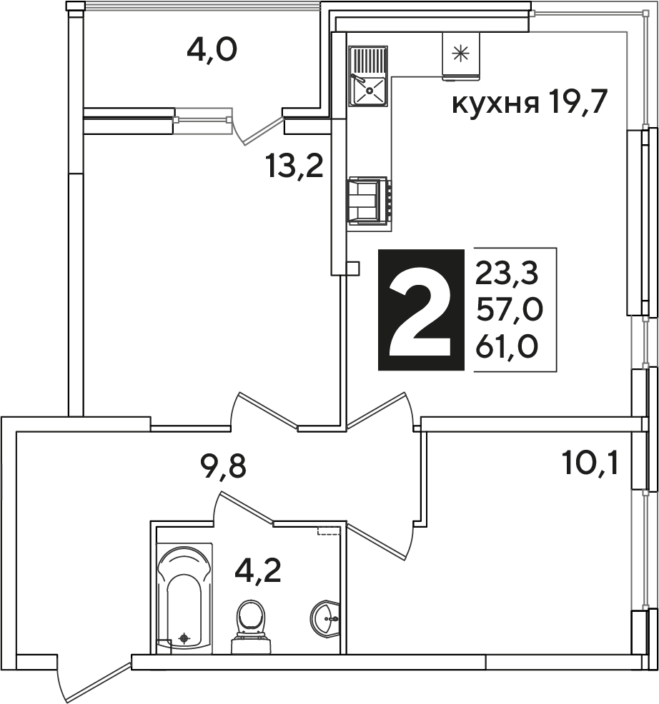 Планировка: 2-комн. квартира 61 м²