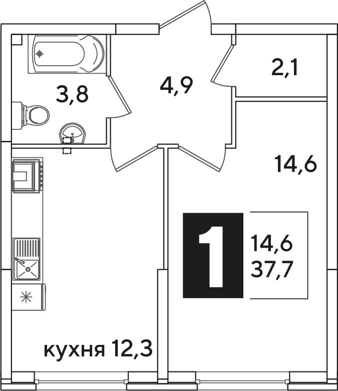 Планировка: 1-комн. квартира 37,7 м²