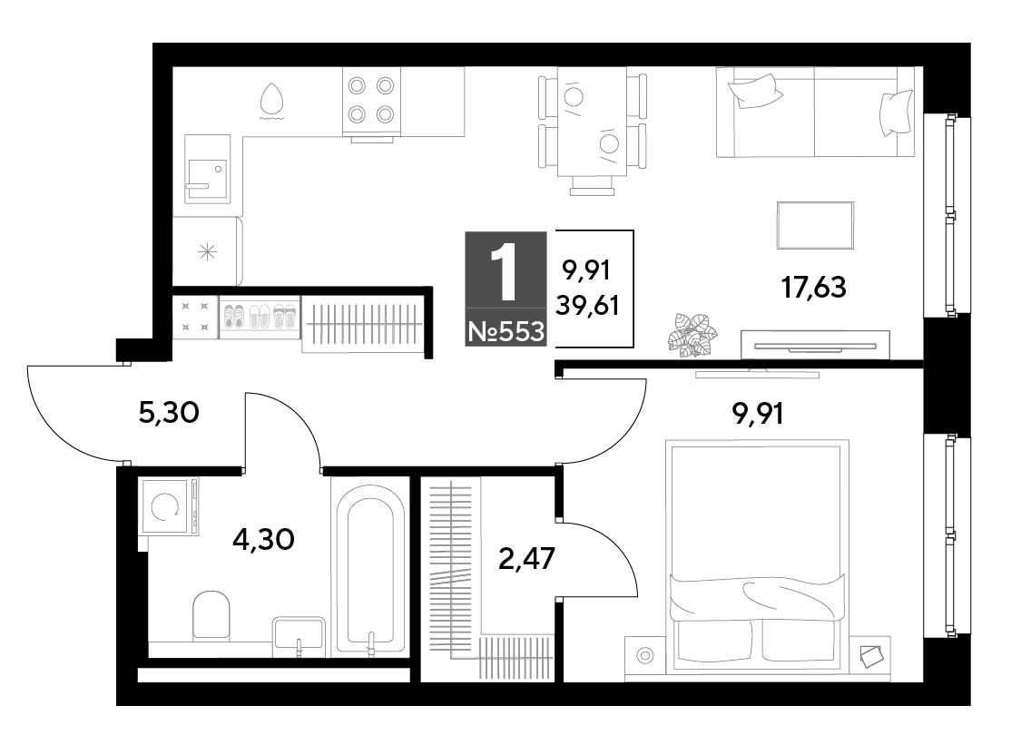 Планировка 1-комнатная 39,61 м²
