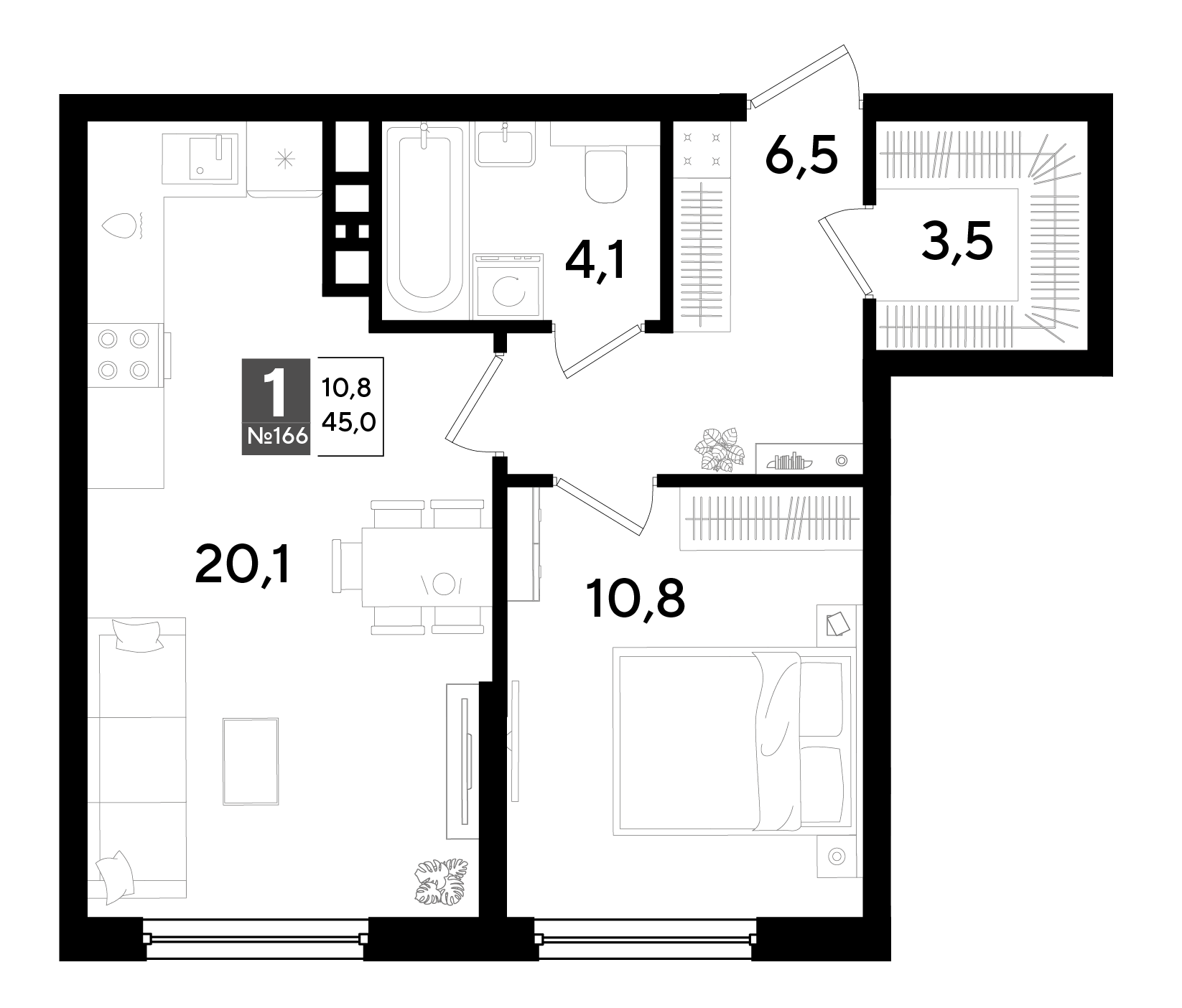 Планировка: 1-комн. квартира 45 м²