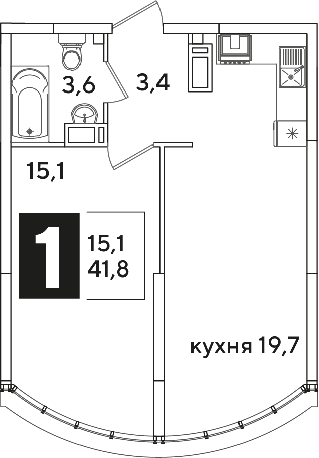 Планировка 1-комнатная 41,8 м²