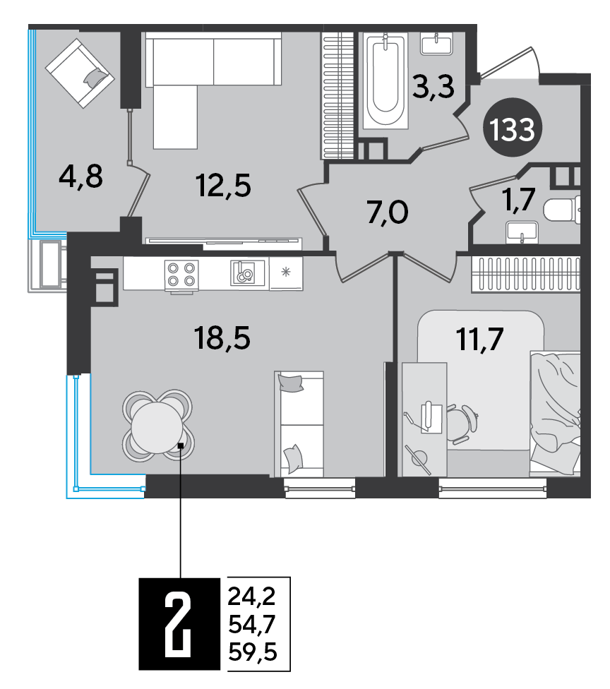 Планировка: 2-комн. квартира 59,5 м²