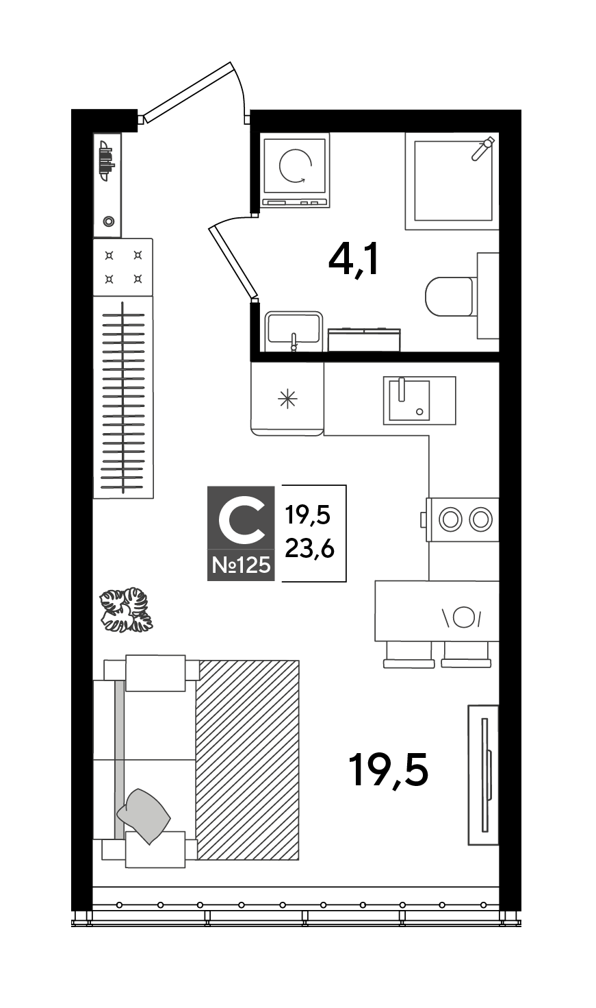 Планировка: Студия 23,6 м²
