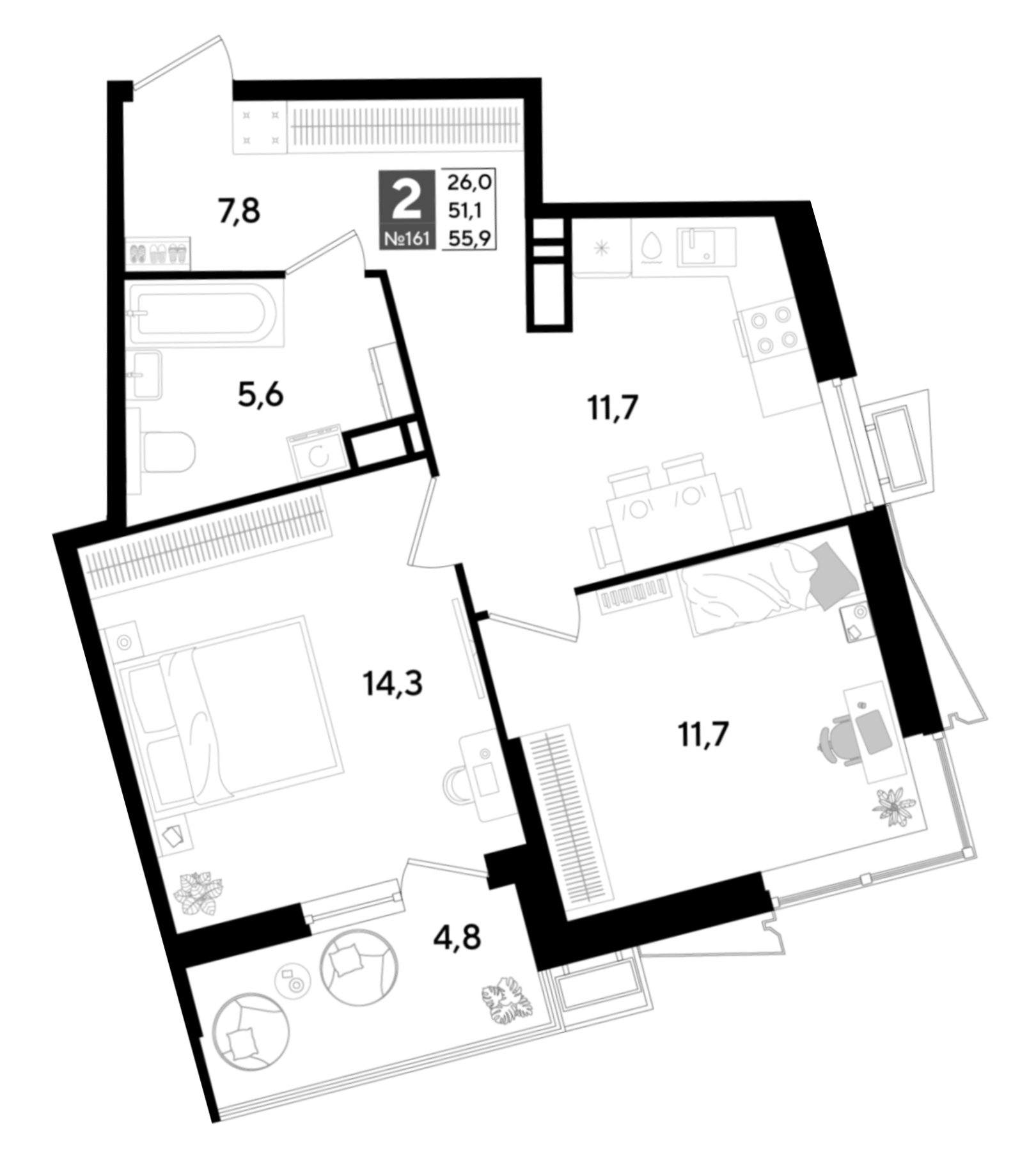 Планировка: 2-комн. квартира 55,9 м²