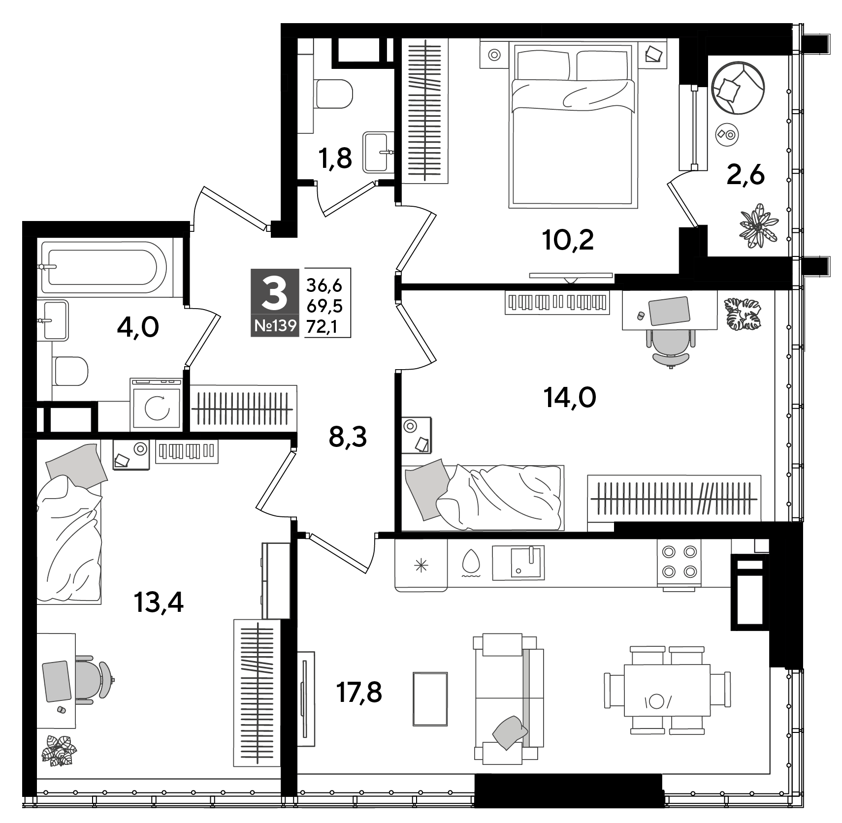 Планировка: 3-комн. квартира 72,1 м²