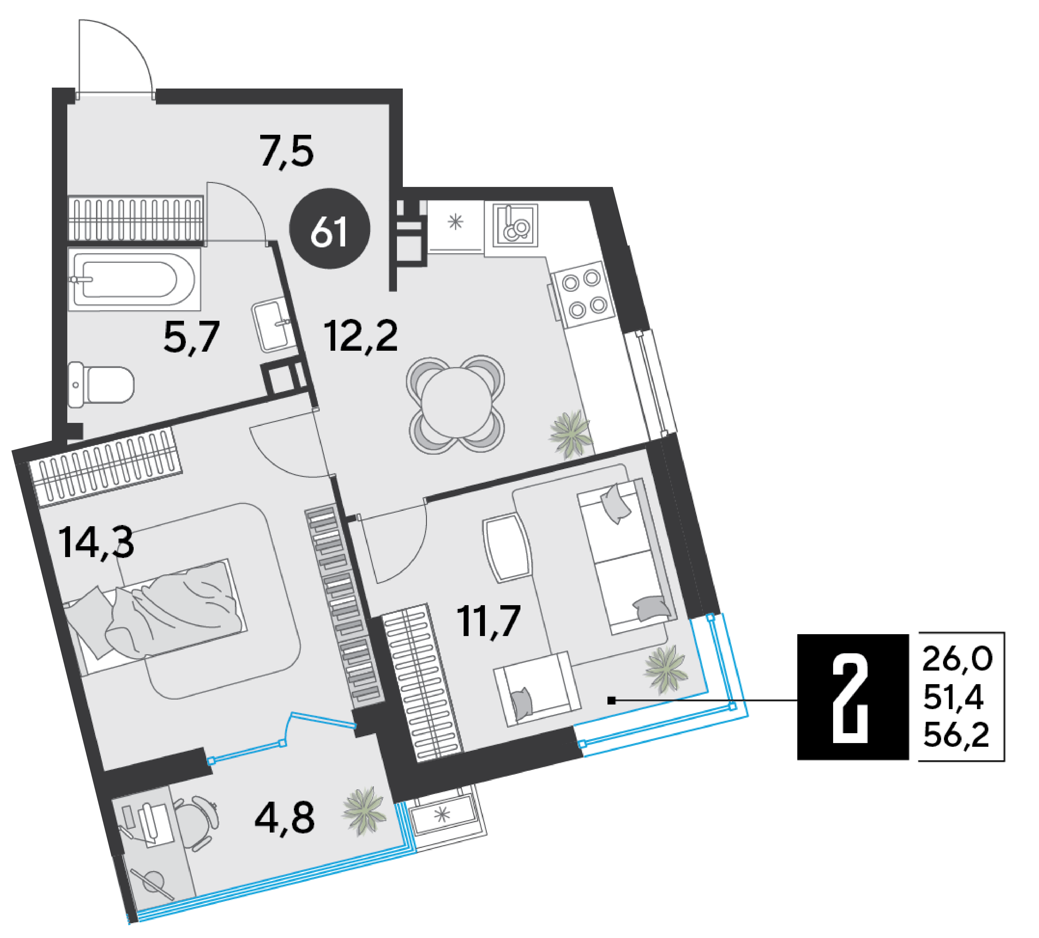 Планировка: 2-комн. квартира 56,2 м²