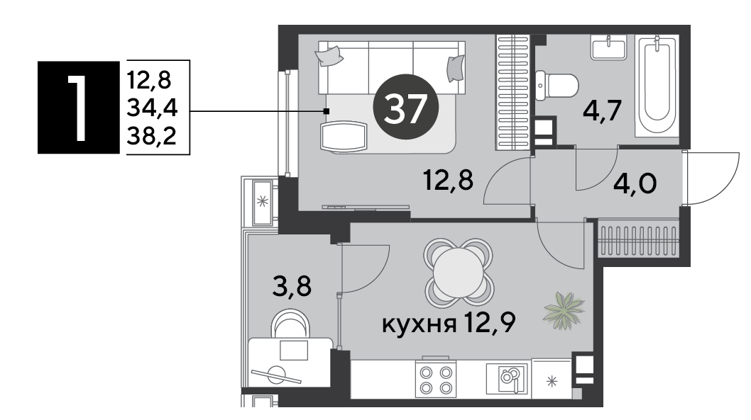 Планировка: 1-комн. квартира 38,2 м²