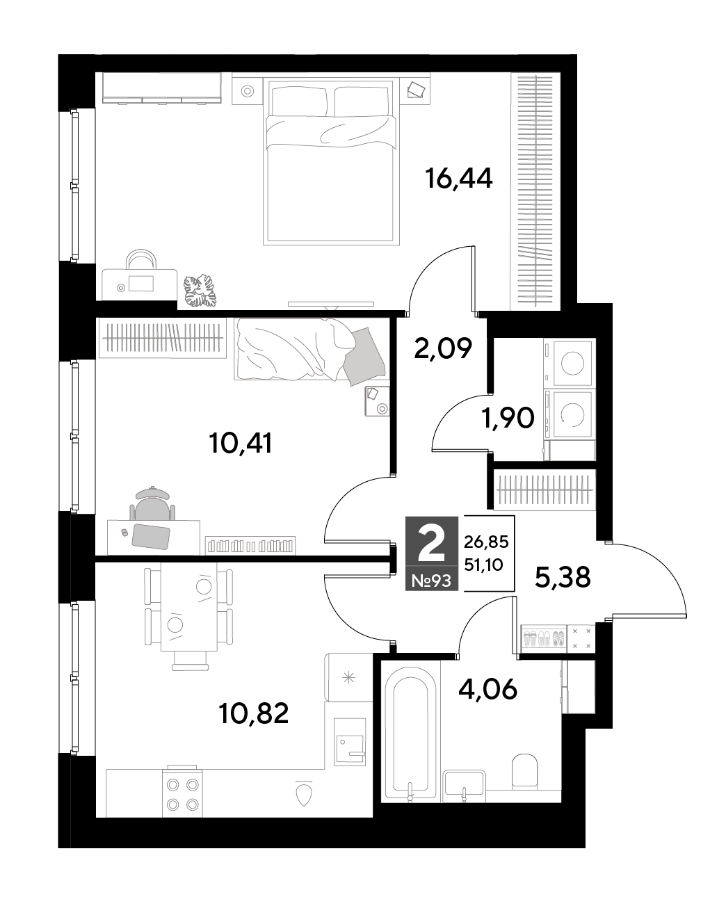 Планировка 2-комнатная 51,1 м²