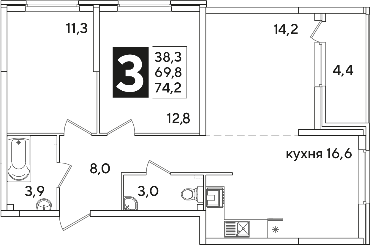 Планировка 3-комнатная 74,2 м²
