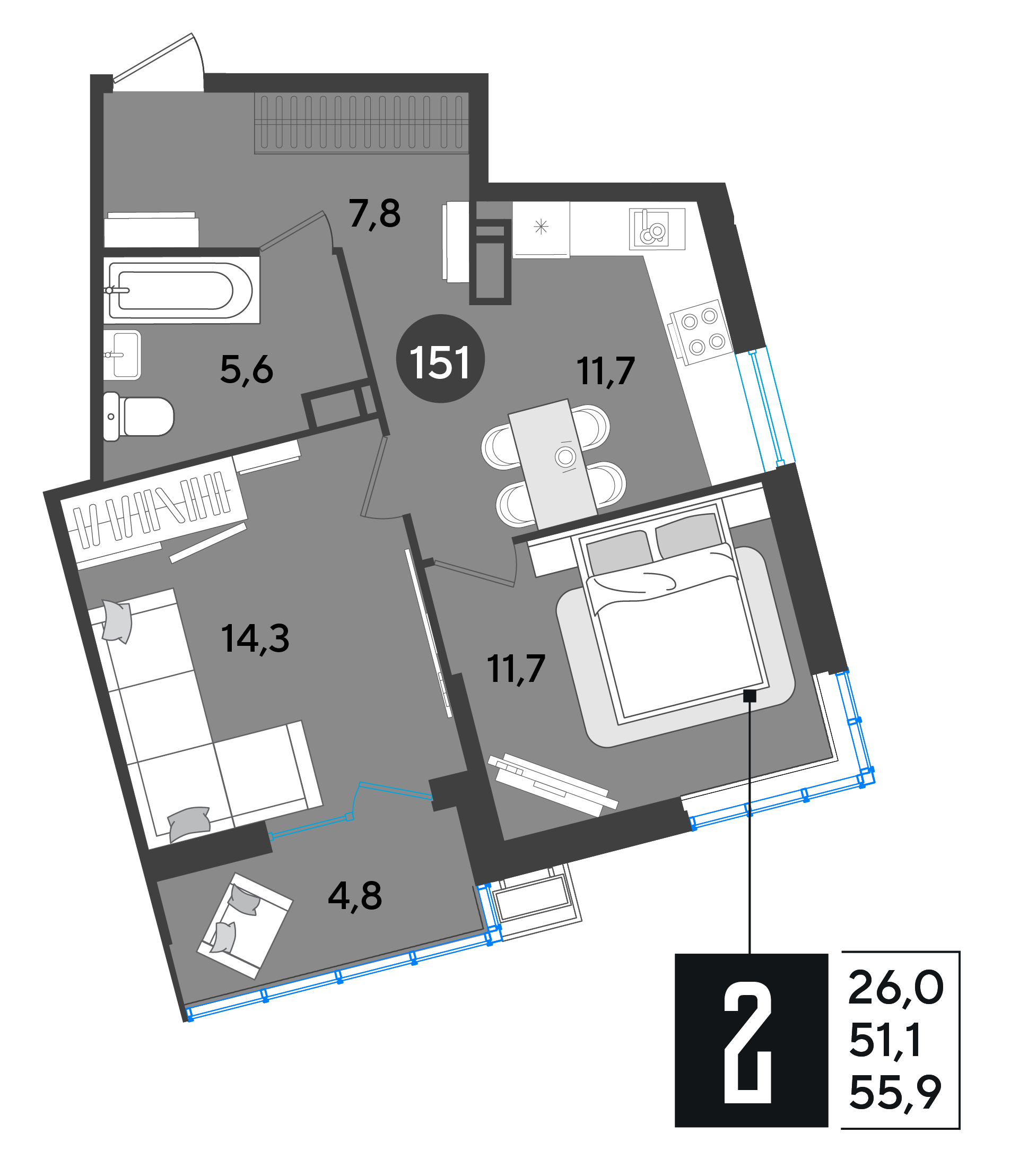 Планировка: 2-комн. квартира 55,9 м²