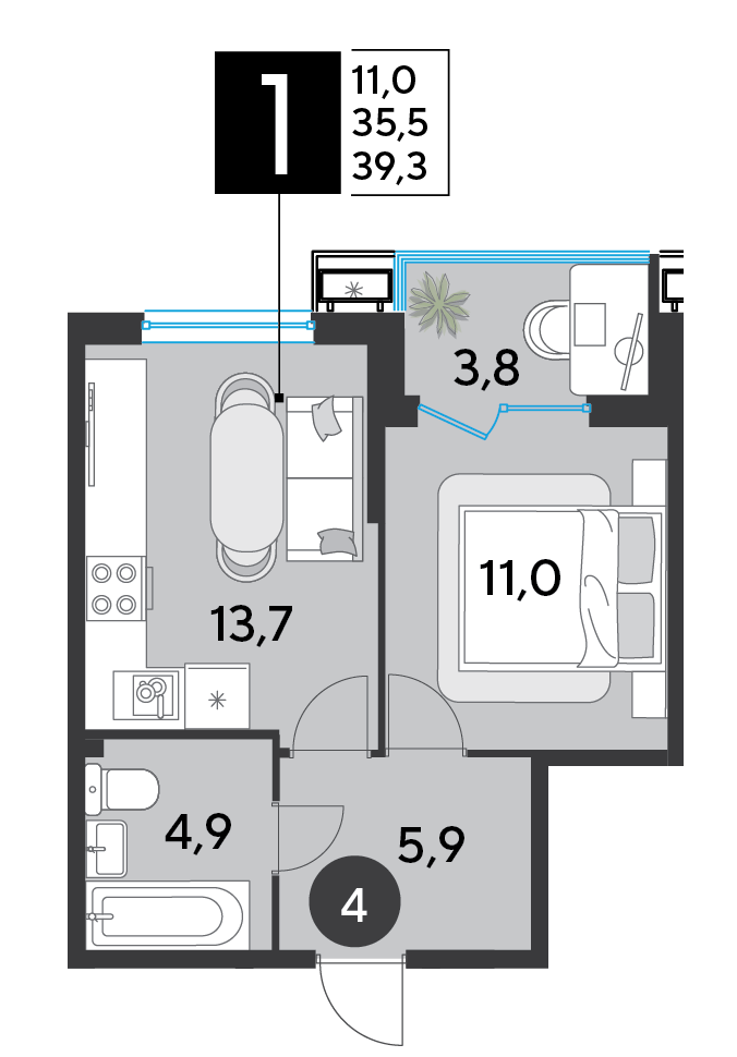 Планировка 1-комнатная 39,3 м²