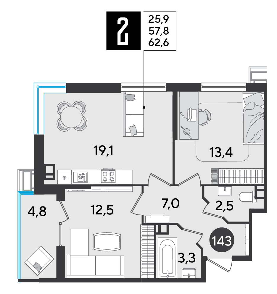Планировка: 2-комн. квартира 62,6 м²