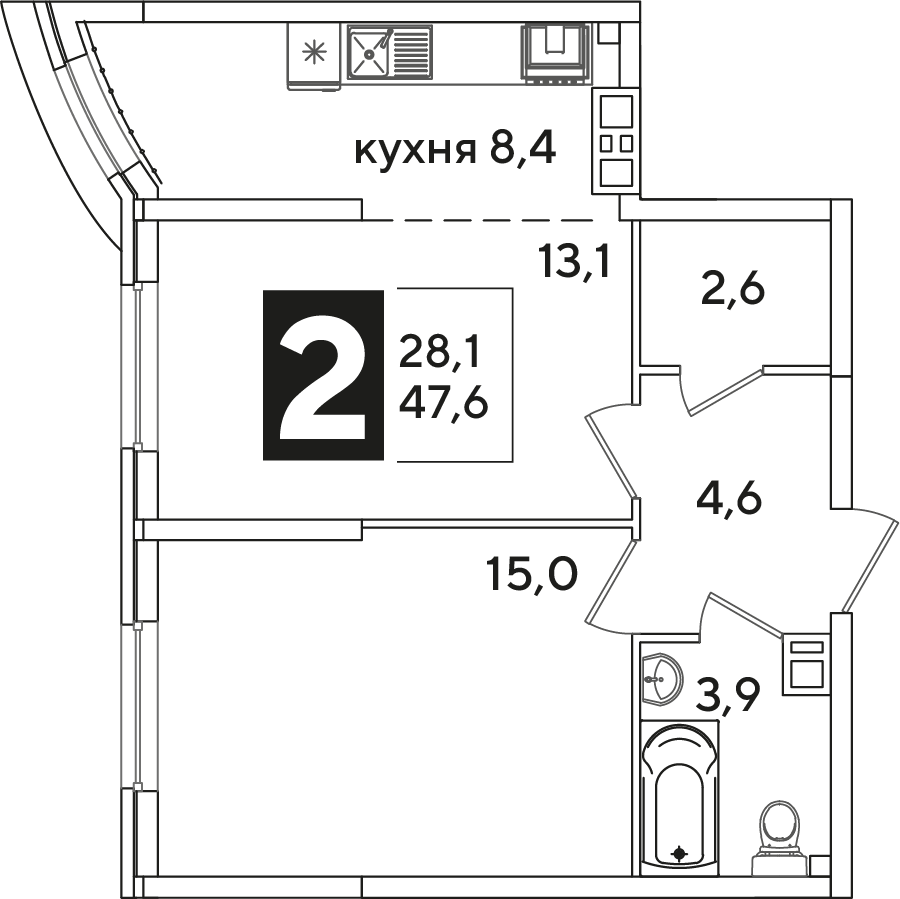 Планировка 2-комнатная 47,6 м²