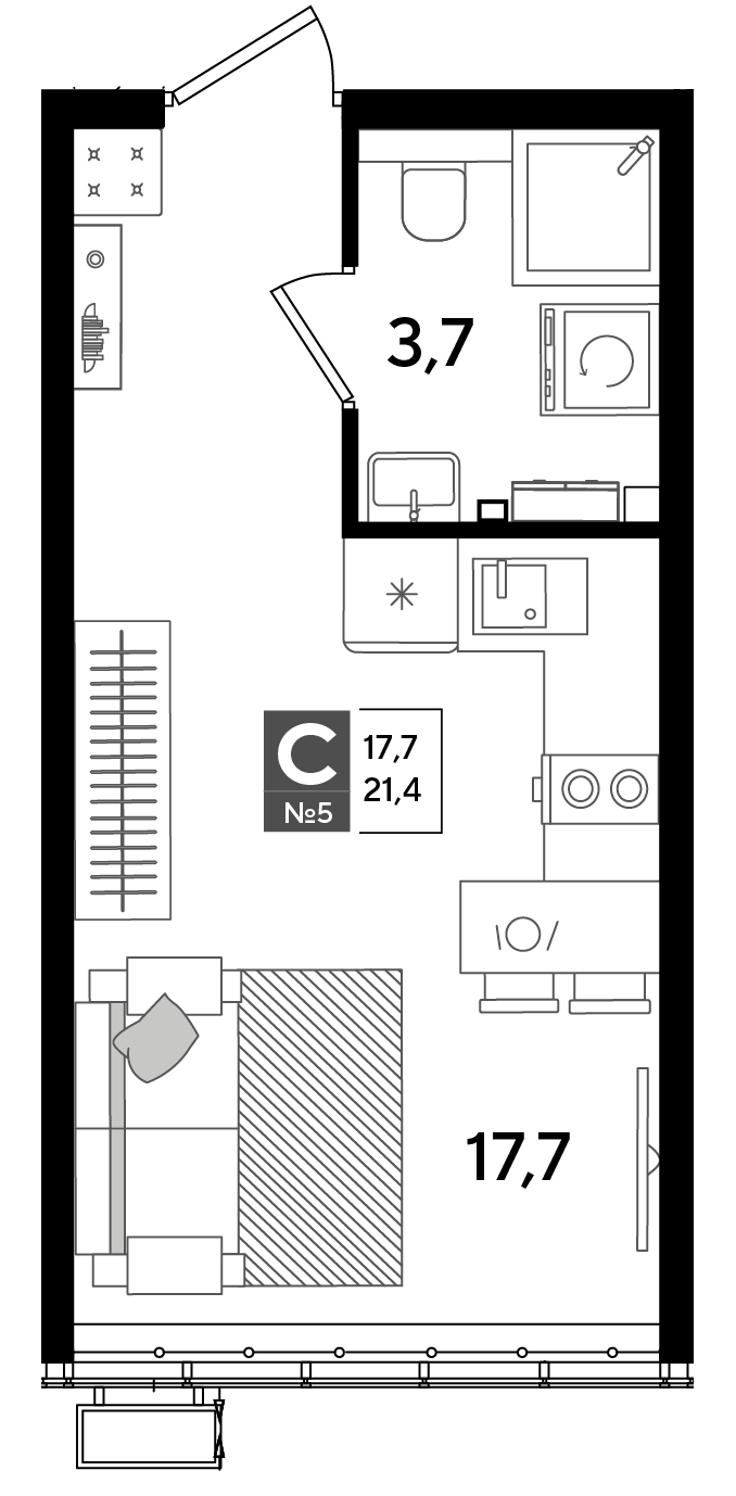 Планировка: Студия 21,4 м²