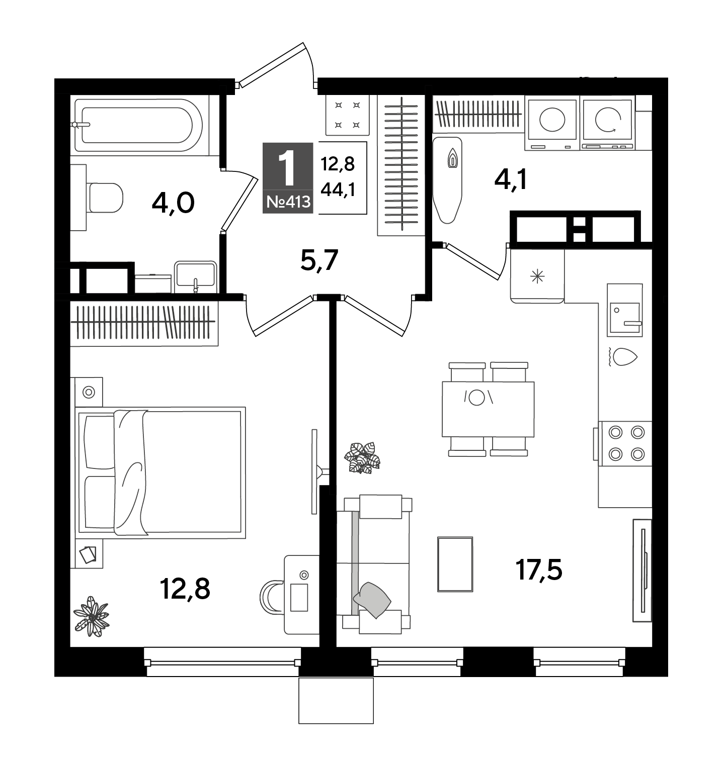 Планировка: 1-комн. квартира 44,1 м²