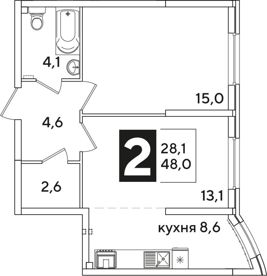Планировка 2-комнатная 48 м²