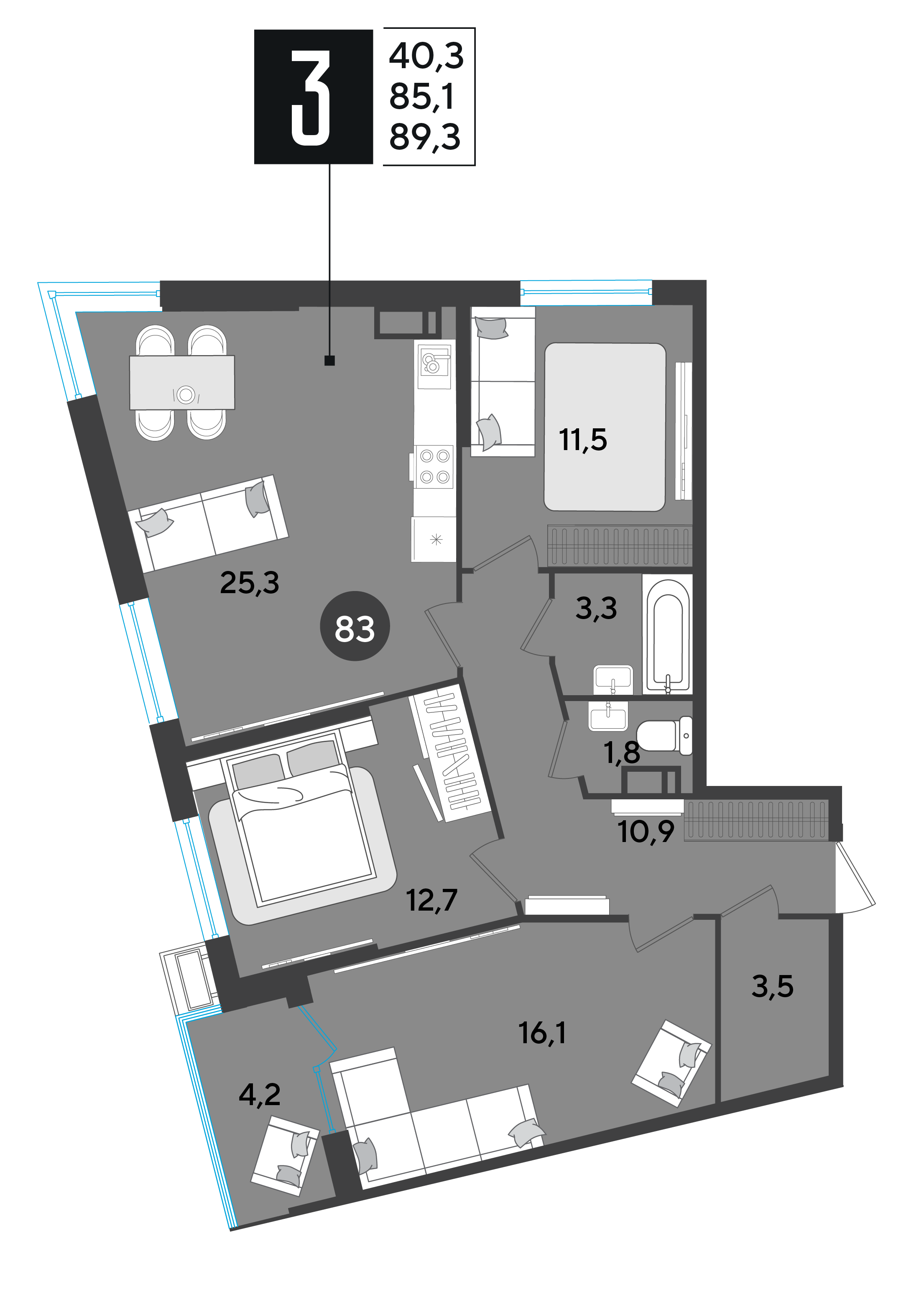 Планировка: 3-комн. квартира 89,3 м²