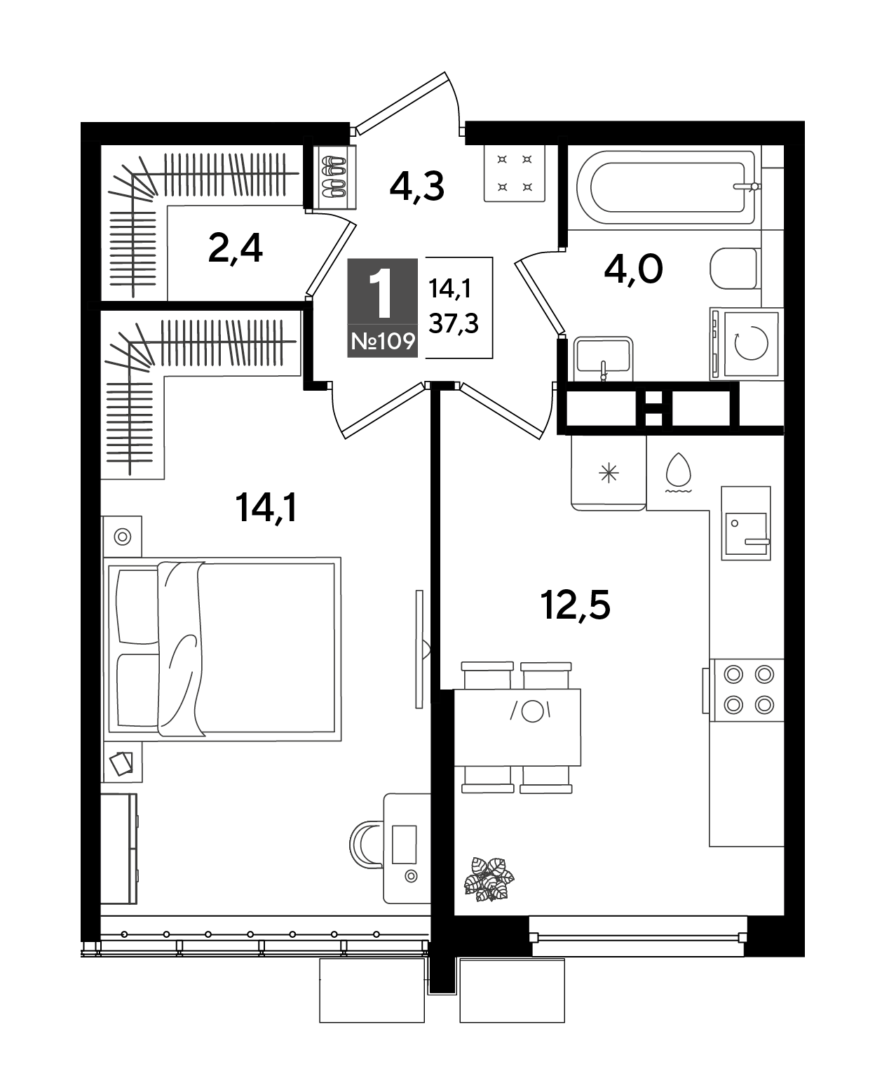 Планировка: 1-комн. квартира 37,3 м²
