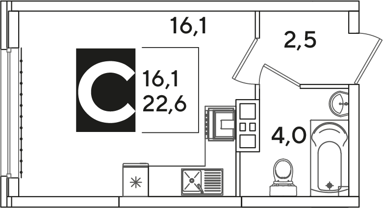 Планировка Студия 22,6 м²