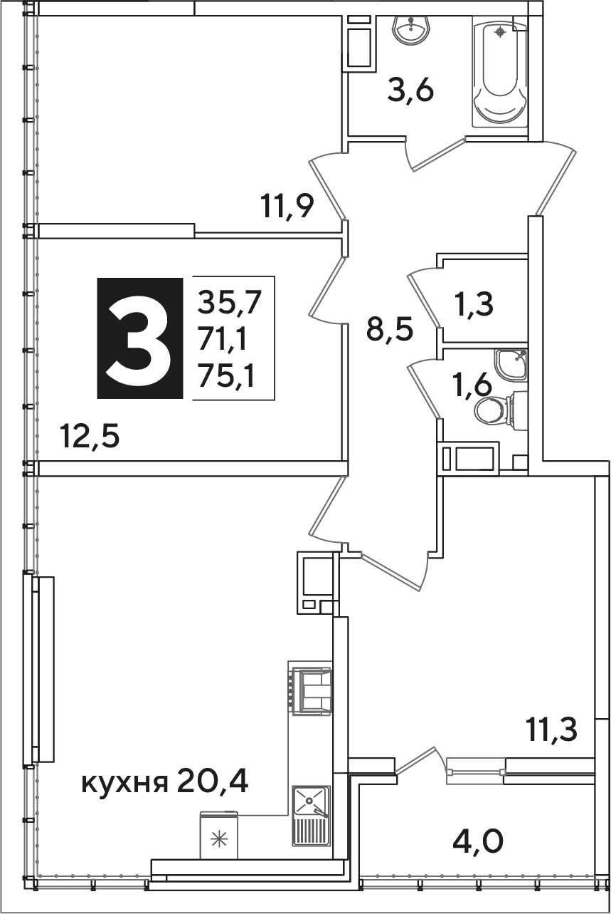 Планировка 3-комнатная 75,1 м²