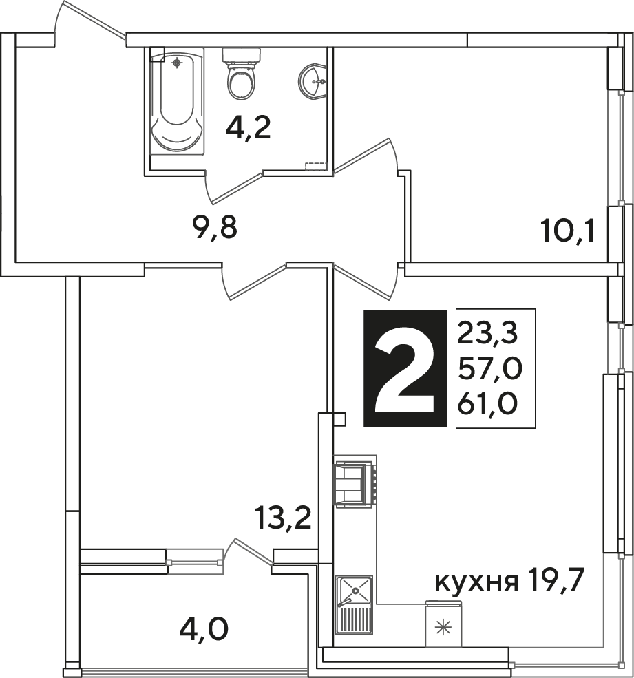 Планировка: 2-комн. квартира 61 м²