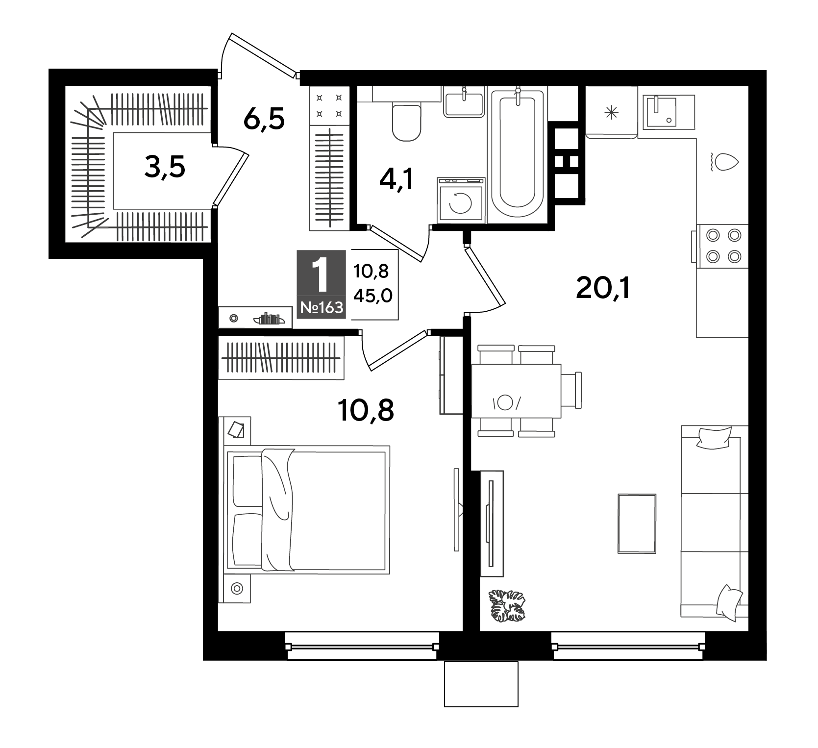 Планировка: 1-комн. квартира 45 м²