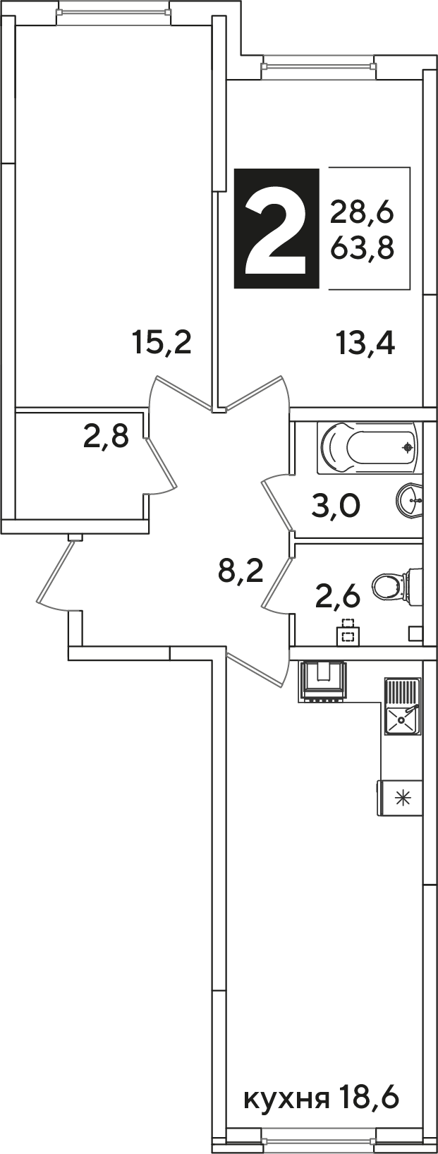 Планировка: 2-комн. квартира 63,8 м²