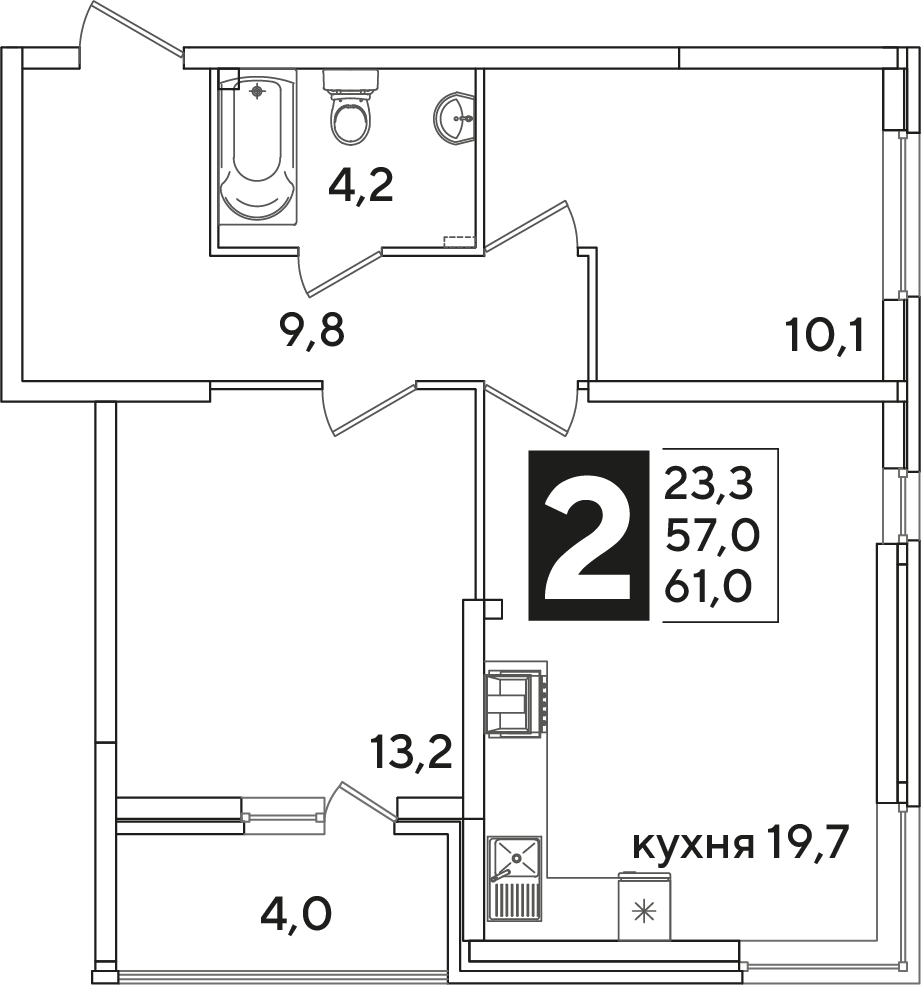 Планировка 2-комнатная 61 м²