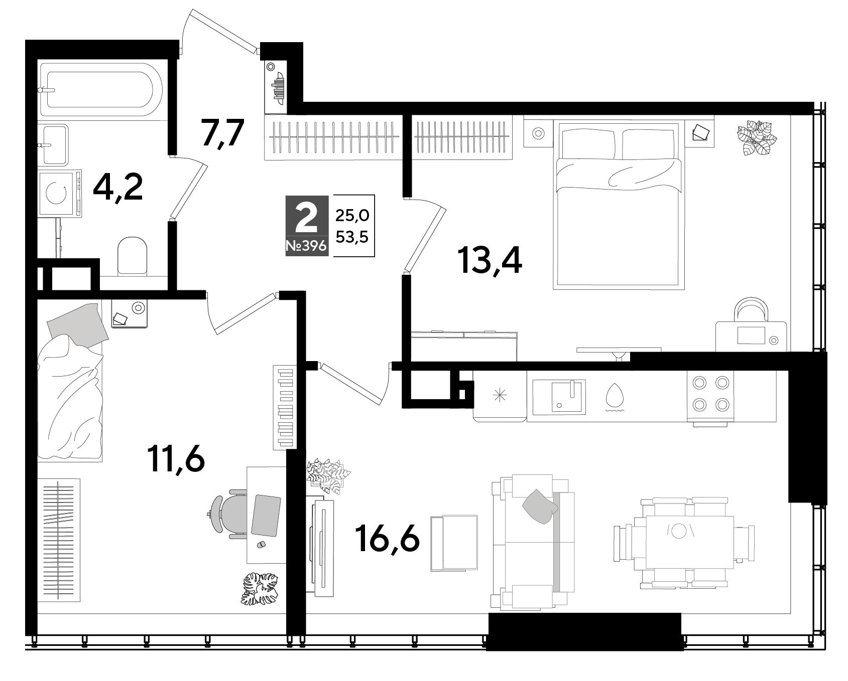 Планировка: 2-комн. квартира 53,5 м²