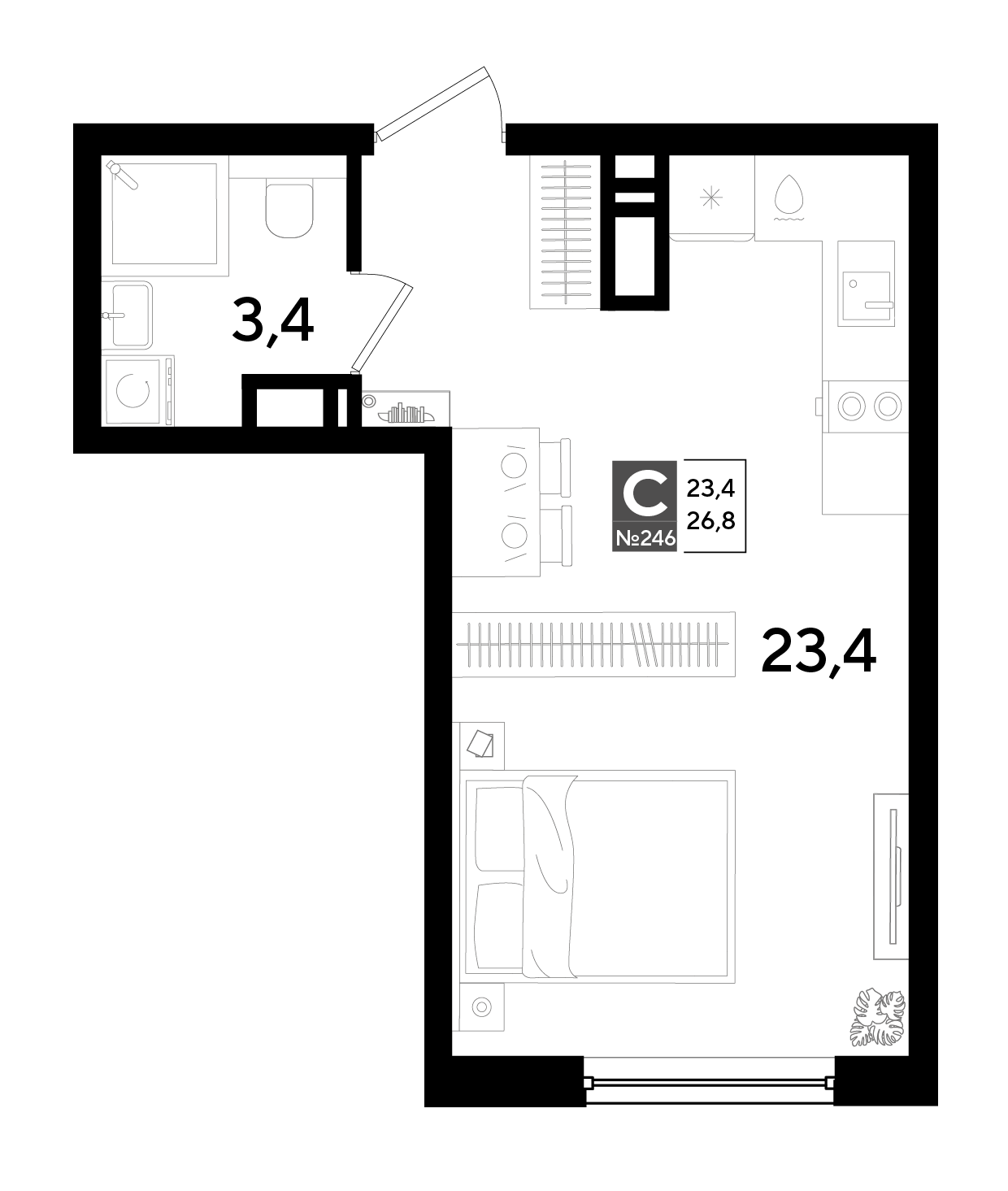 Планировка: Студия 26,8 м²