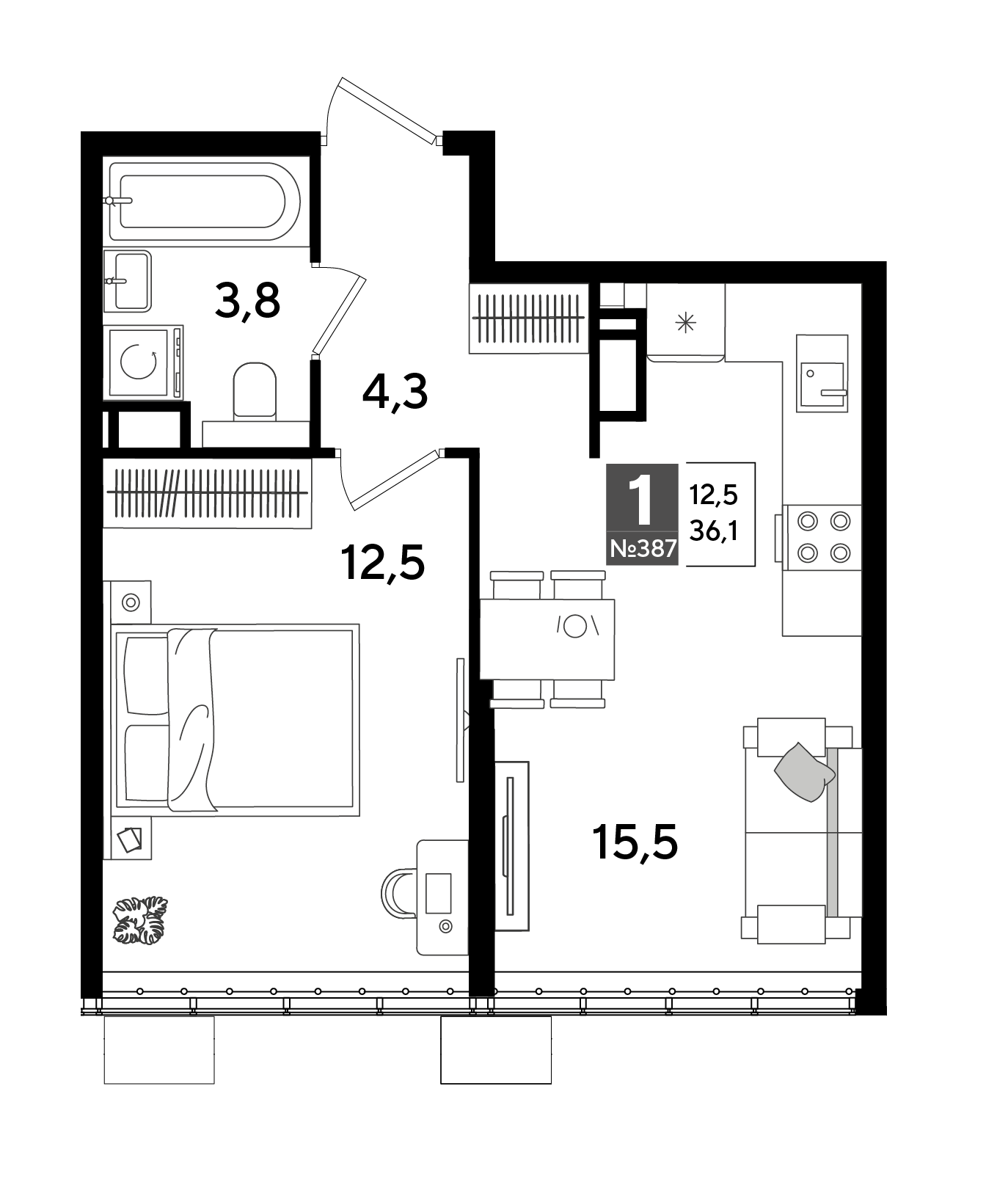 Планировка: 1-комн. квартира 36,1 м²