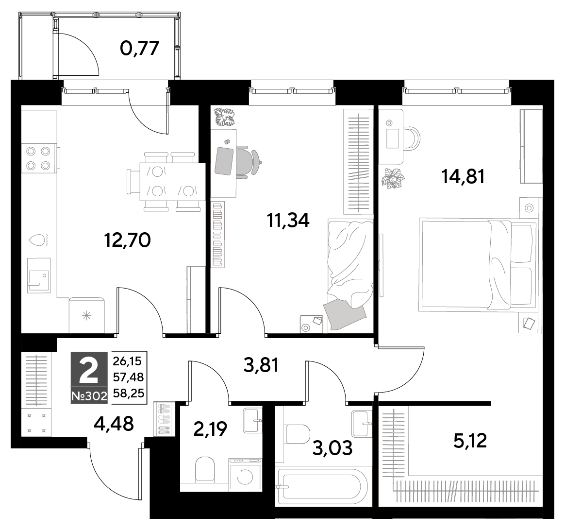 Планировка 2-комнатная 58,25 м²