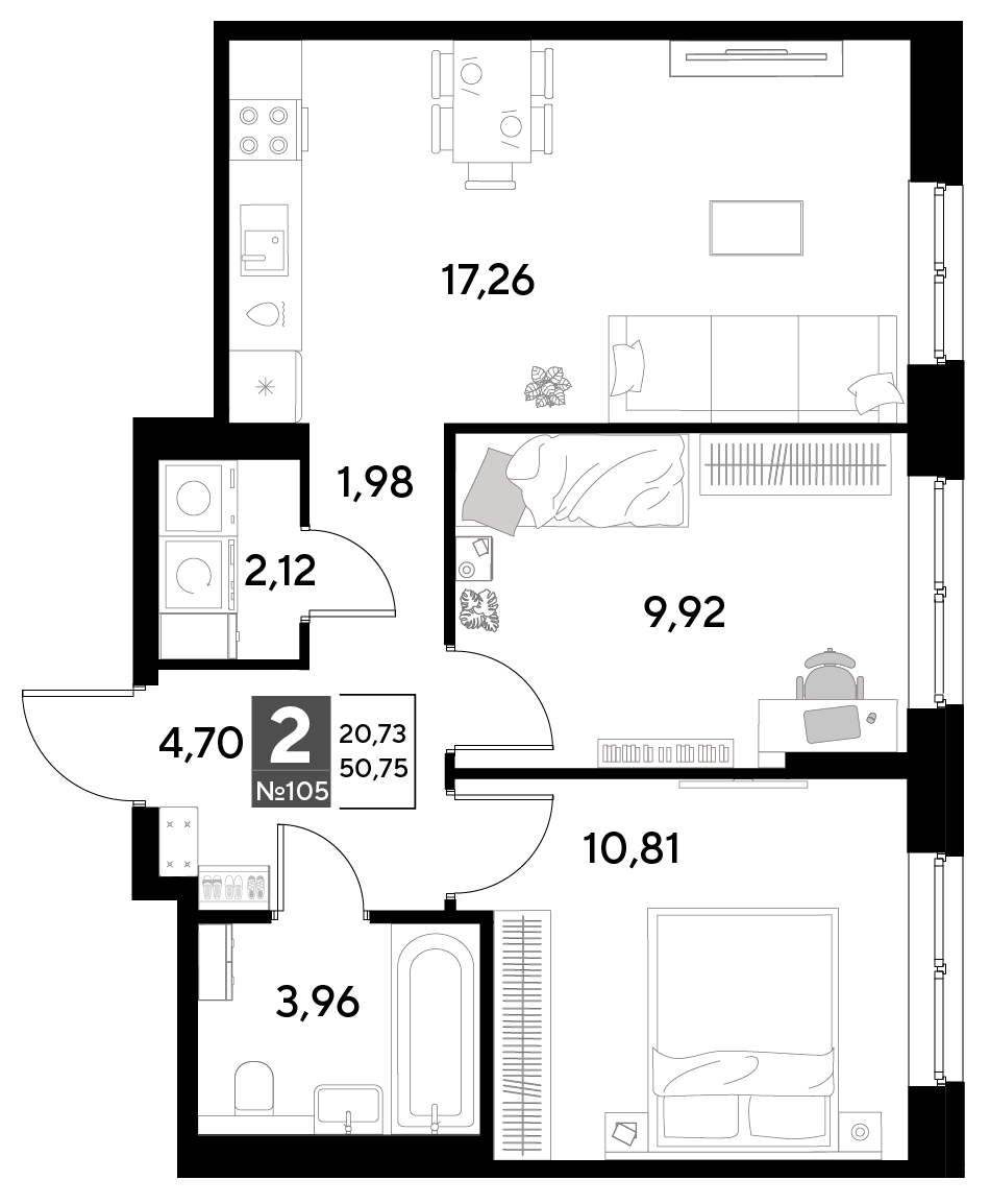 Планировка 2-комнатная 50,75 м²