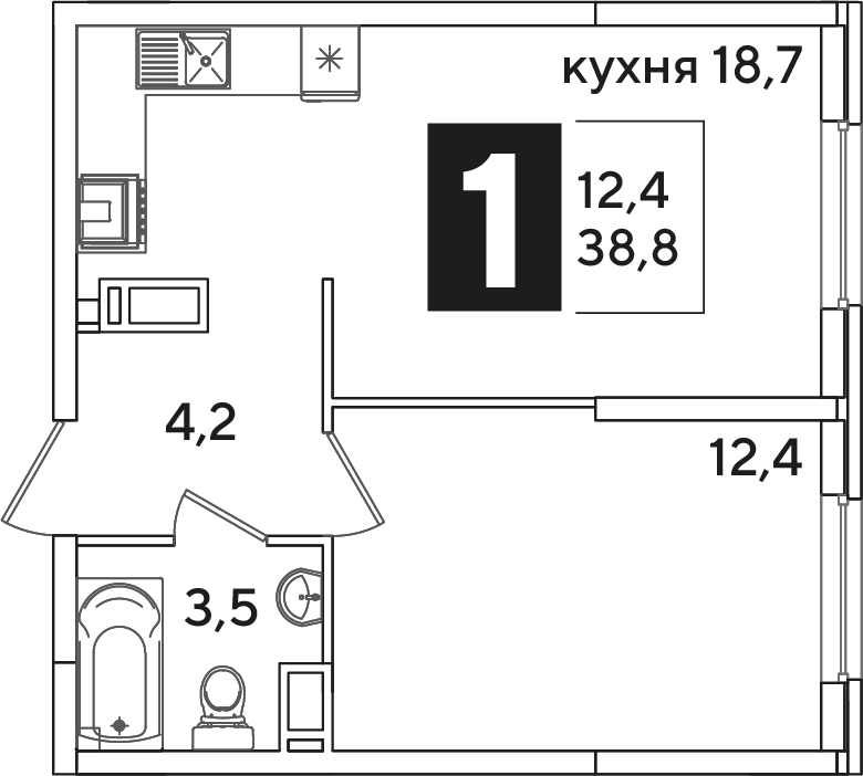 Планировка: 1-комн. квартира 38,8 м²