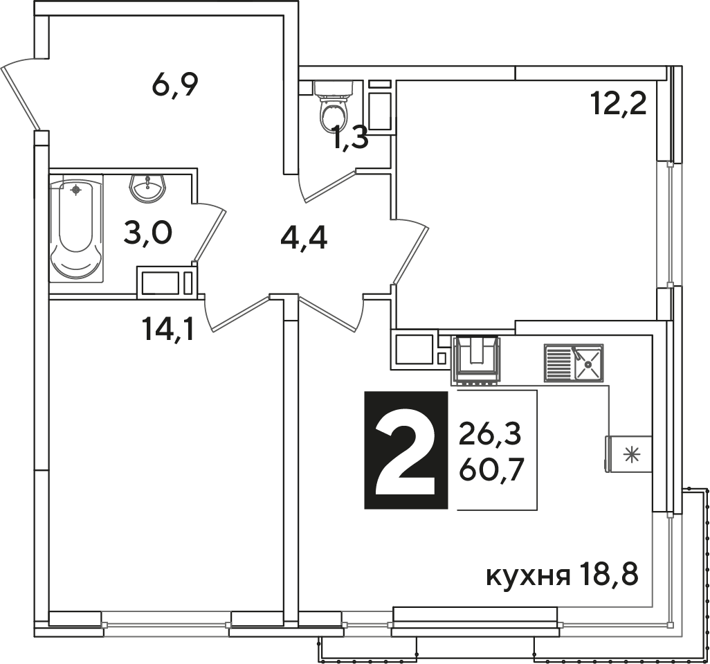 Планировка: 2-комн. квартира 60,7 м²