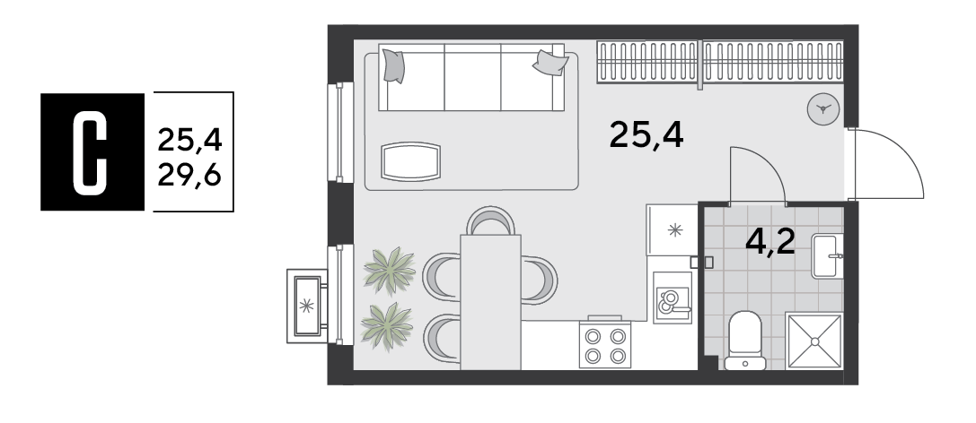 Планировка: Студия 29,6 м²