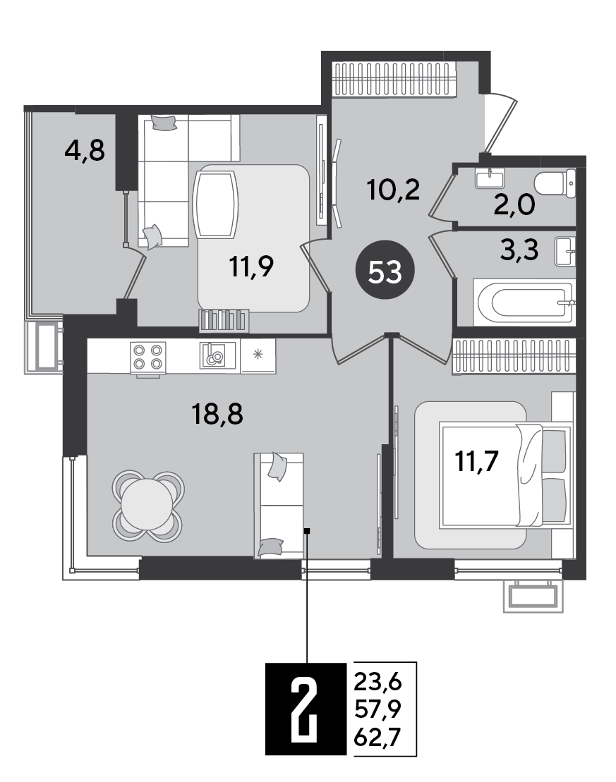 Планировка: 2-комн. квартира 62,7 м²