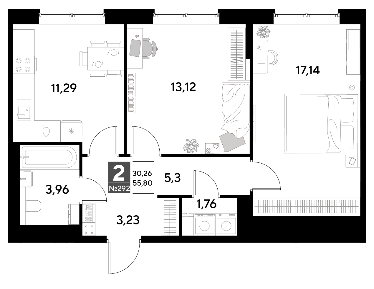 Планировка 2-комнатная 55,8 м²