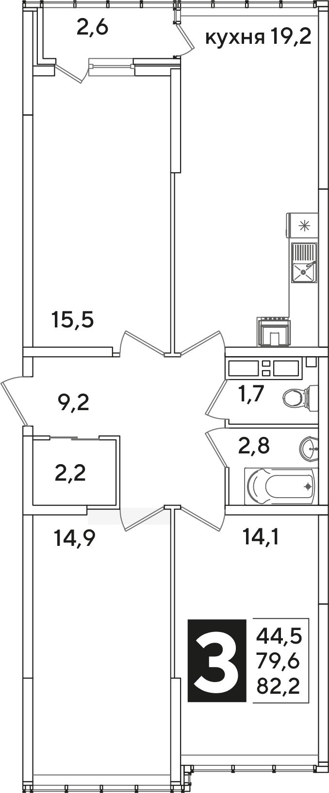 Планировка: 3-комн. квартира 82,2 м²