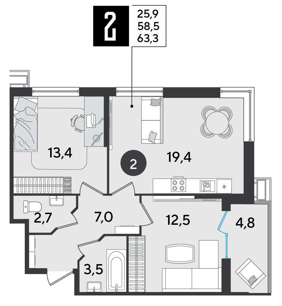 Планировка: 2-комн. квартира 63,3 м²