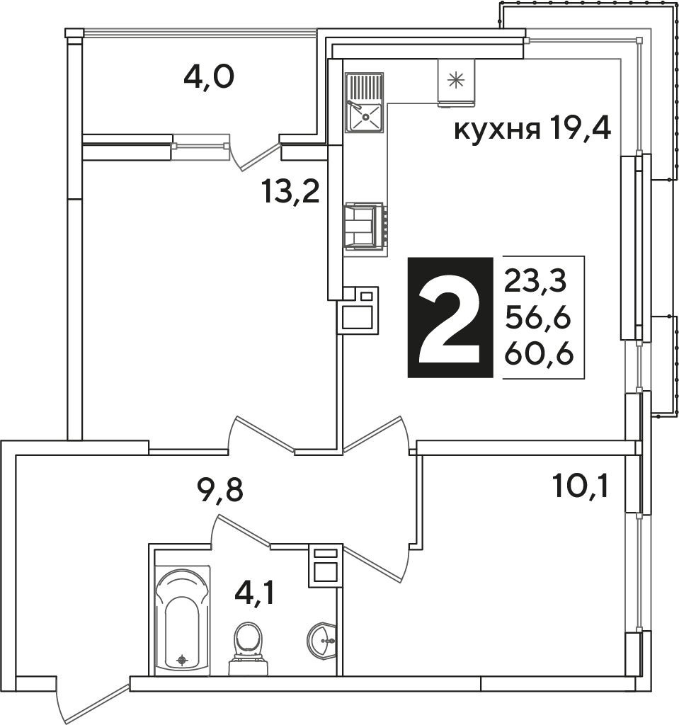 Планировка 2-комнатная 60,6 м²