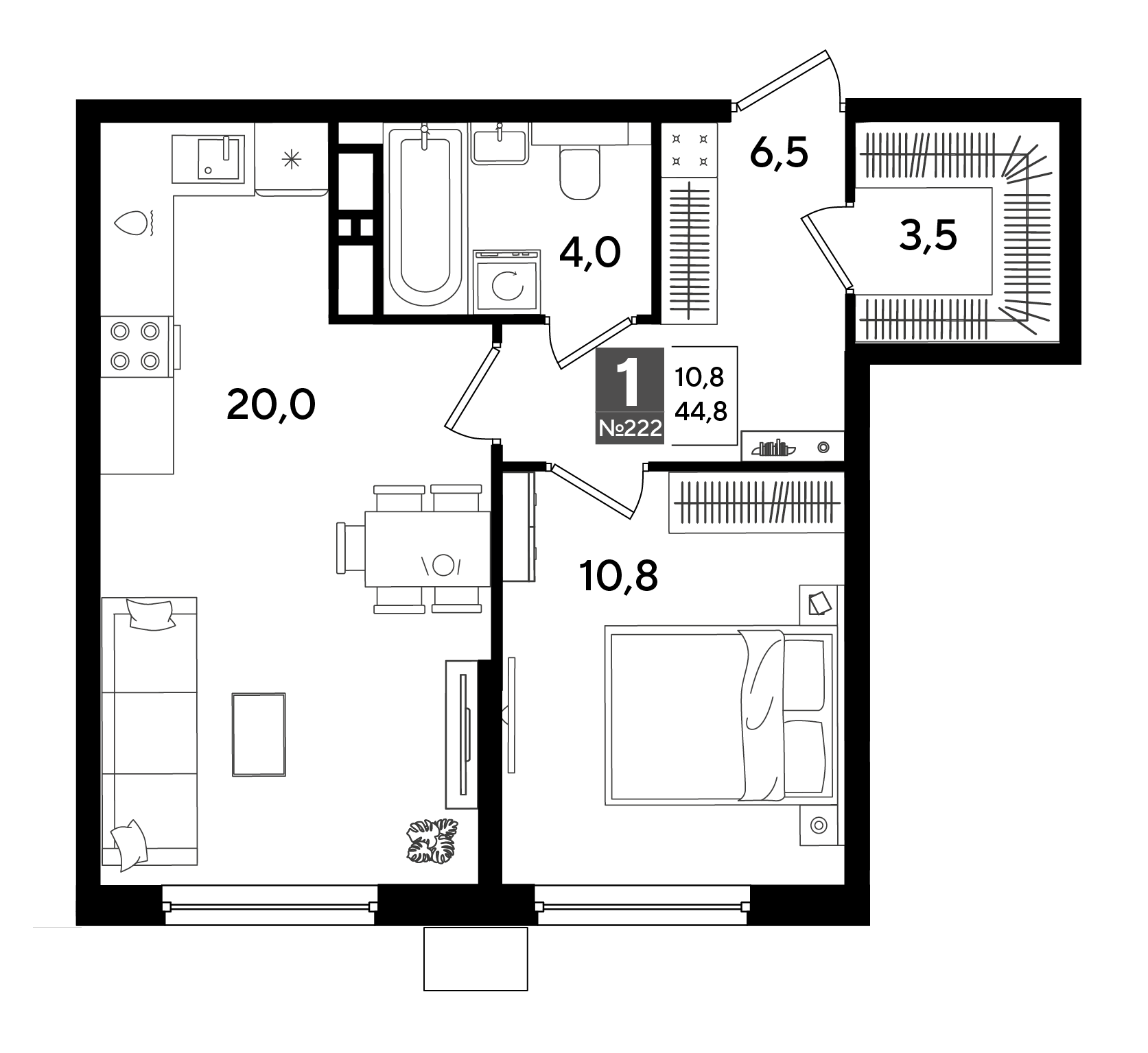 Планировка: 1-комн. квартира 44,8 м²