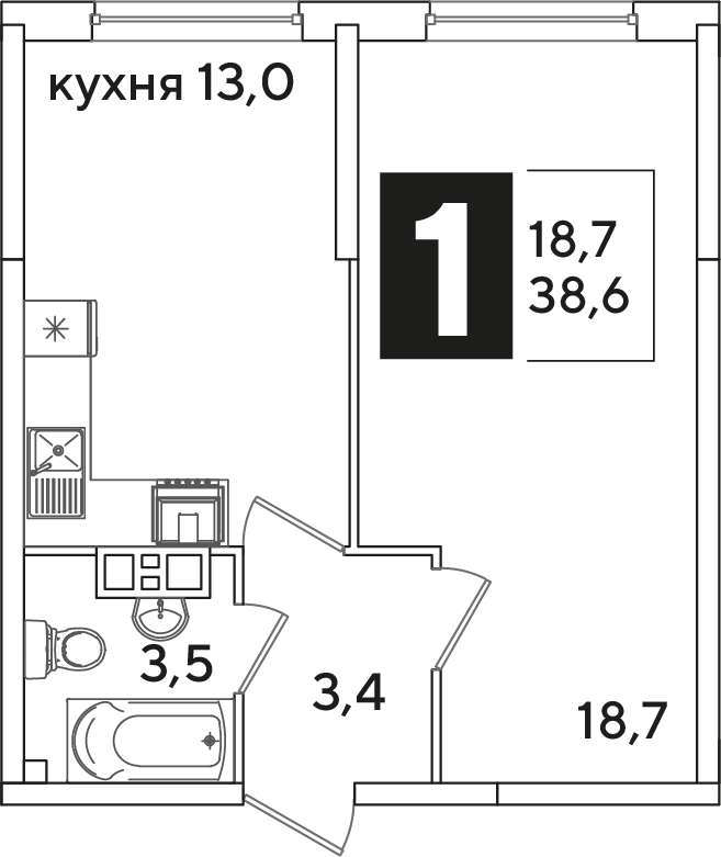 Планировка: 1-комн. квартира 38,6 м²