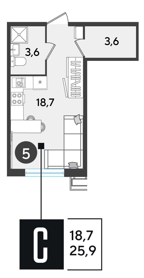 Планировка: Студия 25,9 м²