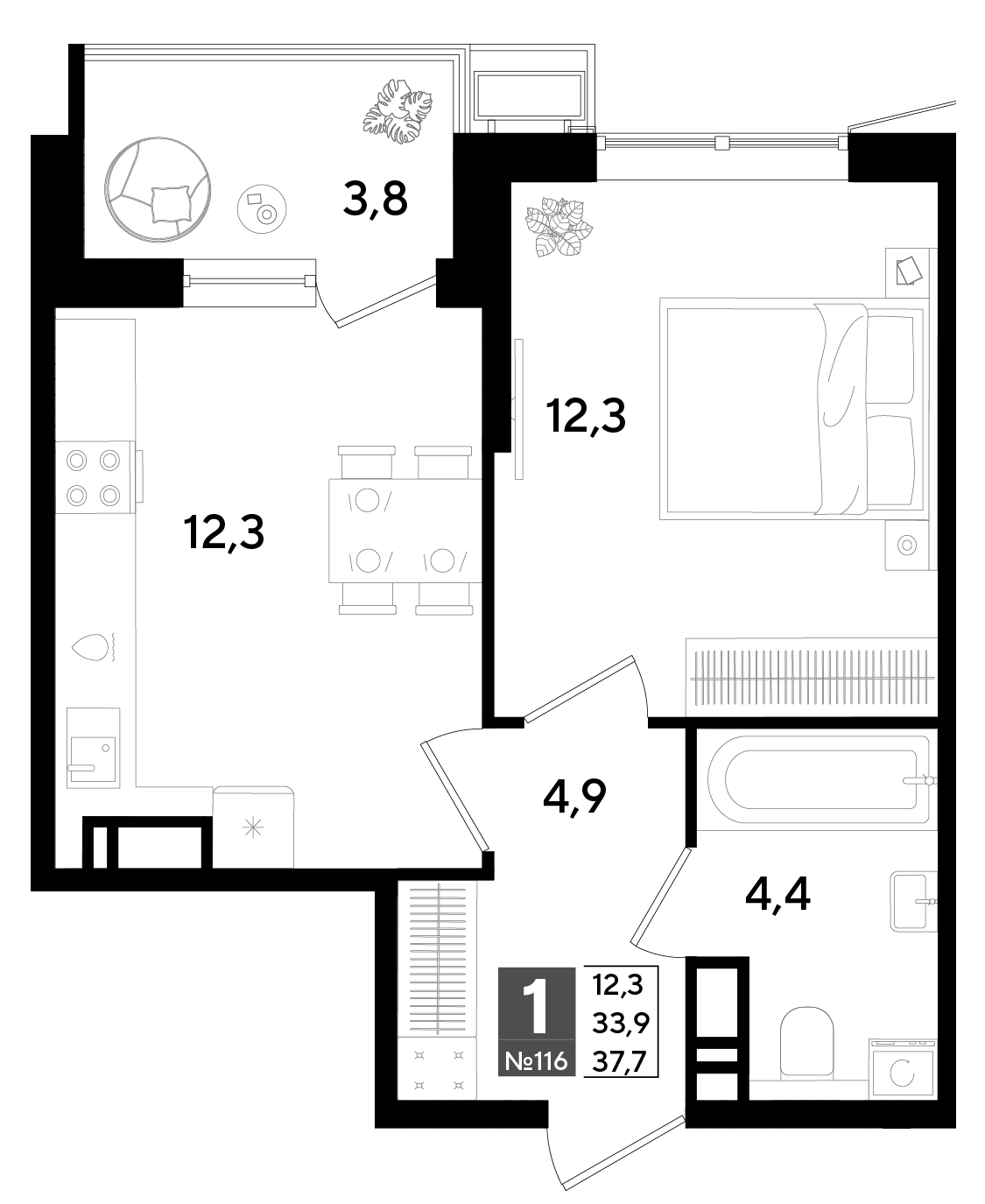 Планировка: 1-комн. квартира 37,9 м²